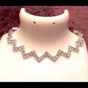 Zig Zag Silver Choker W/ Clear Crystals With A Extension Necklace